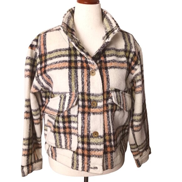 NEW Bagatelle Plaid Print Oversized Cropped Jacket in Cream & Rust,‎ Size M - Picture 5 of 14